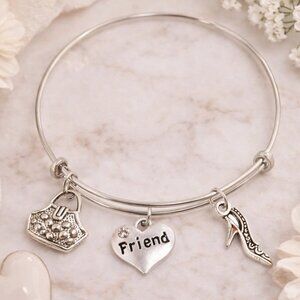 Silver Friend Charm Bangle Bracelet Handbag Shoe Heart